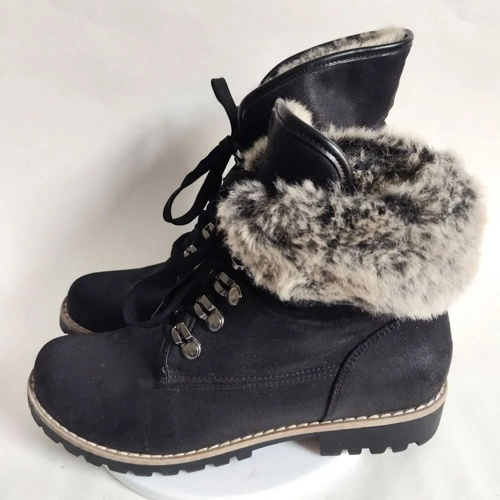 Cliffs White Mountain Size‎ 8.5 Fur Trim Lace Up Black Faux Leather Combat Boots